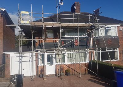 A semi-detatched property scaffold for re-roofing.